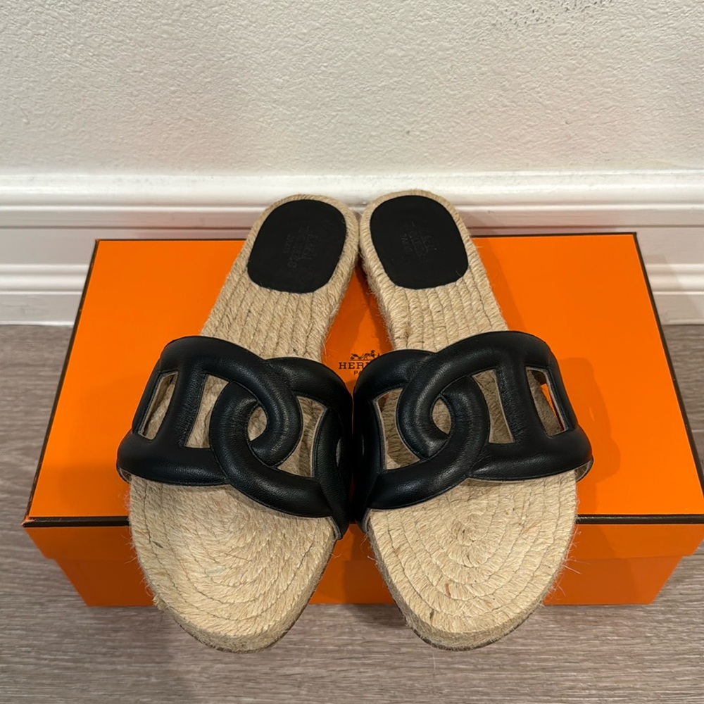 Hermes Black Leather Raffia Slide Sandals